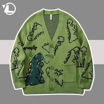 Cartoon Pletený Sveter Cardigan Muži Ženy Doodle Dinosaura 2021 Harajuku Nadrozmerná Streetwear Japonský Retro Svetre Kabát Unisex
