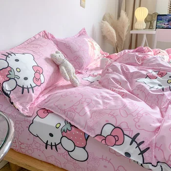 Roztomilý Sanrio Hello Kitty Posteľná Bielizeň Nastaviť Bavlna Štyri Kus Posteľná Bielizeň Dvojité Obliečka Na Vankúš Posteľná Bielizeň Dievča Koľaji Obliečky Bytový Textil